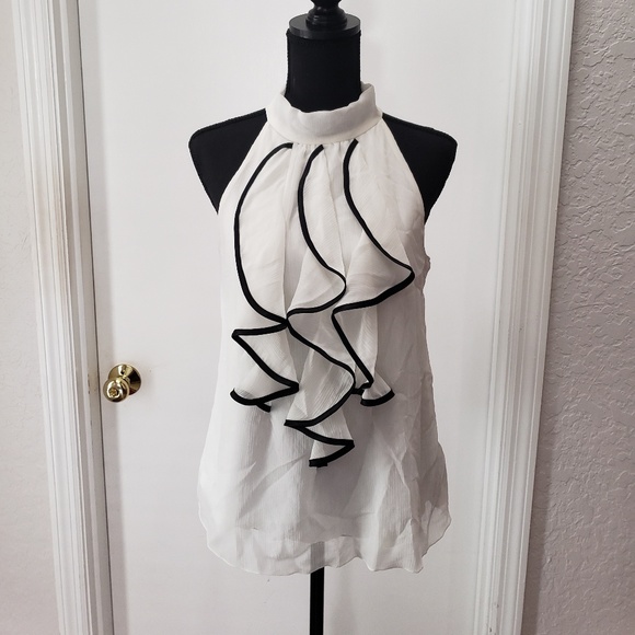 Tops - Classy White Halter Blouse w/Black Trim n Ruffle